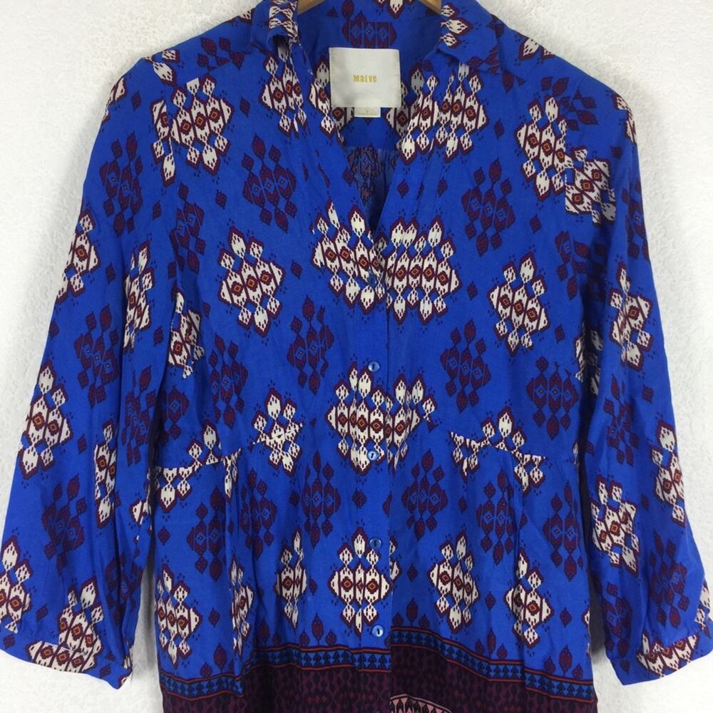 Anthropologie Maeve Woodland Walk Blue Boho Popover Button Top Size 8 - Picture 9 of 15